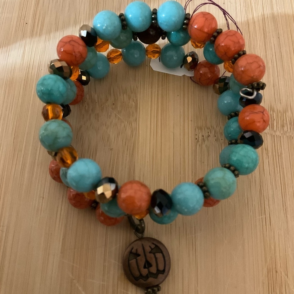 Hand Crafted Turquoise and Orange Beaded Wrap Bracelet with Bronze Pumpkin Charm